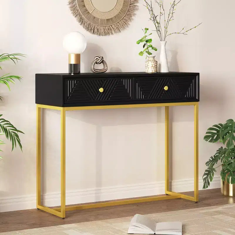Modern Entryway Table with Golden Legs, Narrow Console Table with 2 Drawers and Stripe Design, Accent Table for Living Room, Hallway