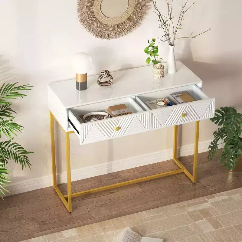 Modern Entryway Table with Golden Legs, Narrow Console Table with 2 Drawers and Stripe Design, Accent Table for Living Room, Hallway