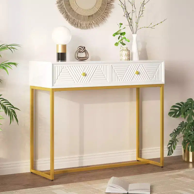 Modern Entryway Table with Golden Legs, Narrow Console Table with 2 Drawers and Stripe Design, Accent Table for Living Room, Hallway
