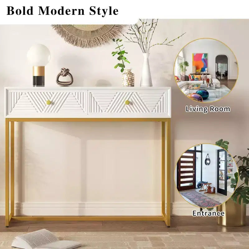 Modern Entryway Table with Golden Legs, Narrow Console Table with 2 Drawers and Stripe Design, Accent Table for Living Room, Hallway