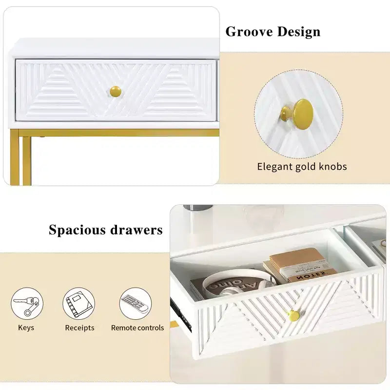 Modern Entryway Table with Golden Legs, Narrow Console Table with 2 Drawers and Stripe Design, Accent Table for Living Room, Hallway