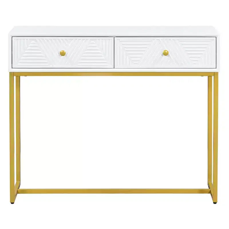Modern Entryway Table with Golden Legs, Narrow Console Table with 2 Drawers and Stripe Design, Accent Table for Living Room, Hallway