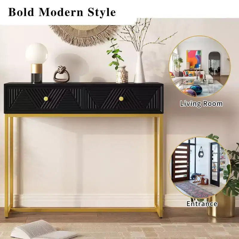 Modern Entryway Table with Golden Legs, Narrow Console Table with 2 Drawers and Stripe Design, Accent Table for Living Room, Hallway