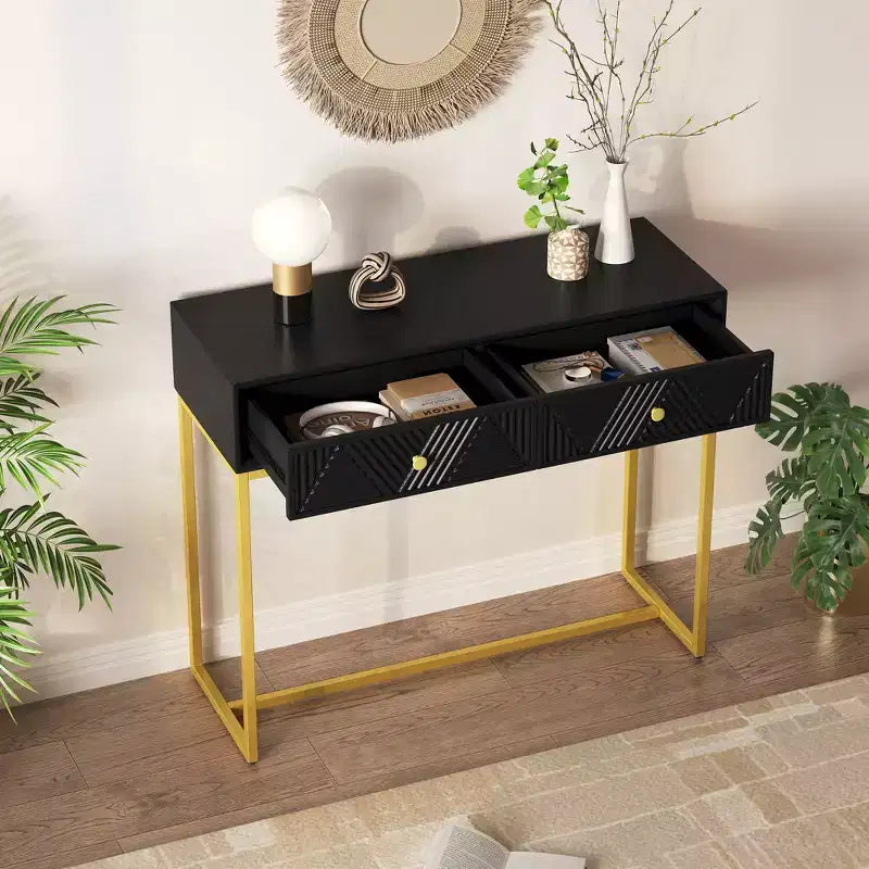 Modern Entryway Table with Golden Legs, Narrow Console Table with 2 Drawers and Stripe Design, Accent Table for Living Room, Hallway