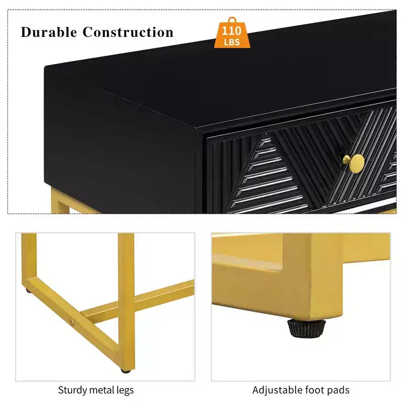 Modern Entryway Table with Golden Legs, Narrow Console Table with 2 Drawers and Stripe Design, Accent Table for Living Room, Hallway
