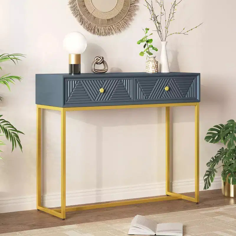 Modern Entryway Table with Golden Legs, Narrow Console Table with 2 Drawers and Stripe Design, Accent Table for Living Room, Hallway