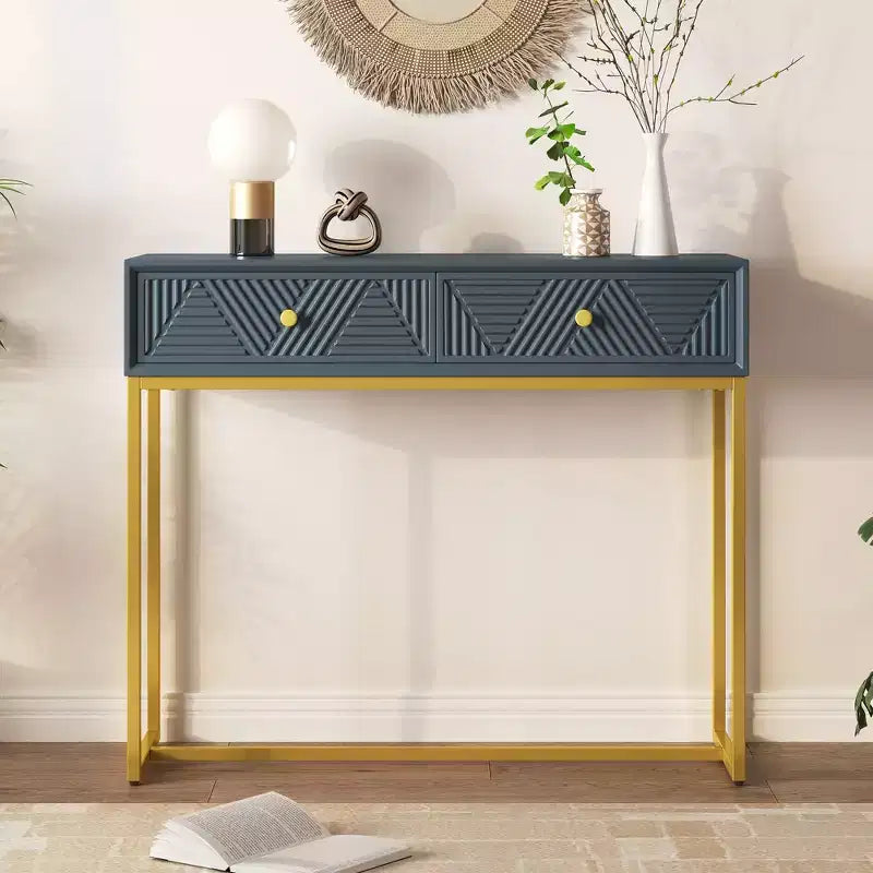 Modern Entryway Table with Golden Legs, Narrow Console Table with 2 Drawers and Stripe Design, Accent Table for Living Room, Hallway