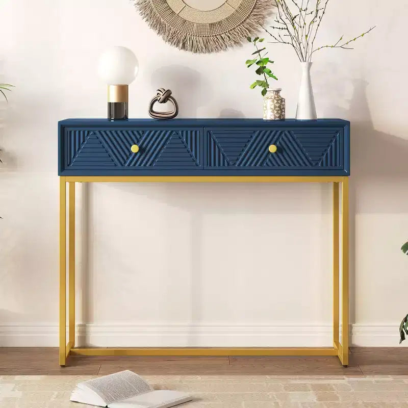 Modern Entryway Table with Golden Legs, Narrow Console Table with 2 Drawers and Stripe Design, Accent Table for Living Room, Hallway