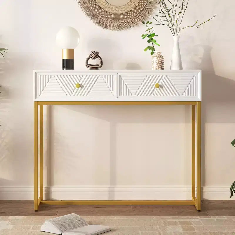 Modern Entryway Table with Golden Legs, Narrow Console Table with 2 Drawers and Stripe Design, Accent Table for Living Room, Hallway