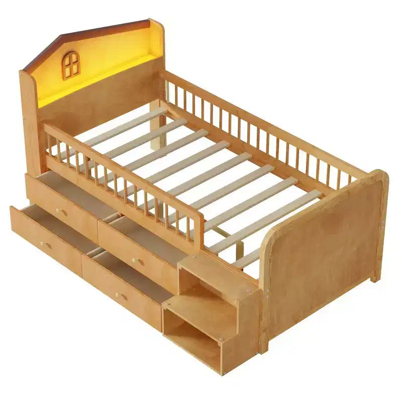 Twin Loft Bed with LED Lights, House Shape Headboard & Storage Drawers, Solid Construction
