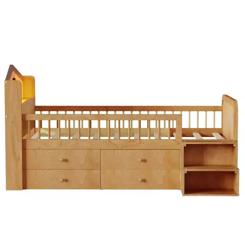 Twin Loft Bed with LED Lights, House Shape Headboard & Storage Drawers, Solid Construction