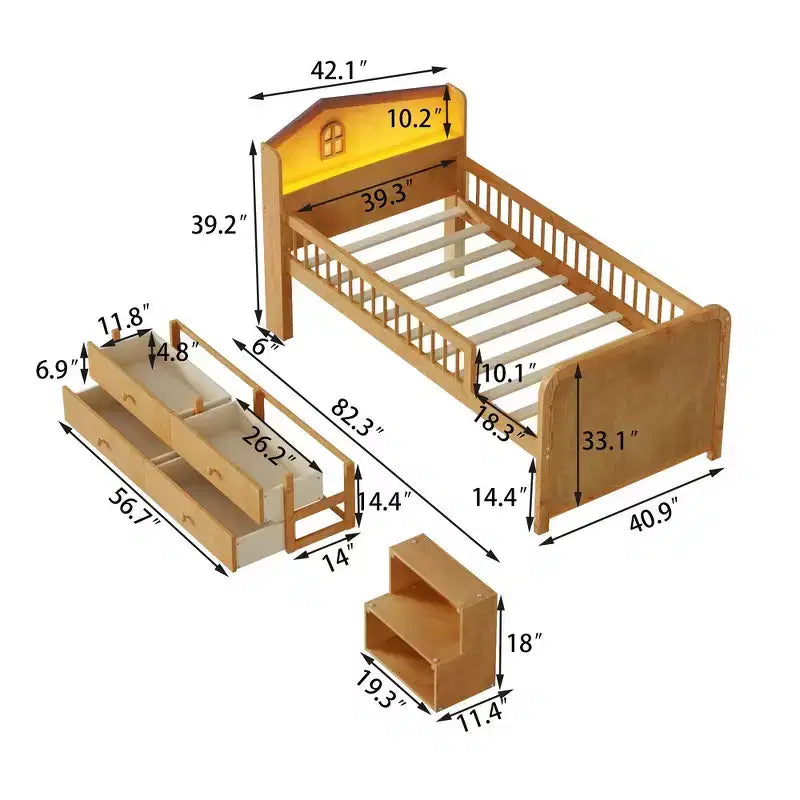 Twin Loft Bed with LED Lights, House Shape Headboard & Storage Drawers, Solid Construction