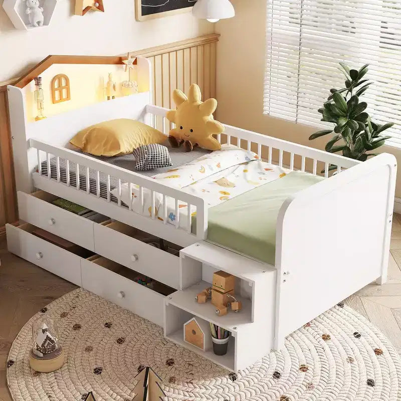 Twin Loft Bed with LED Lights, House Shape Headboard & Storage Drawers, Solid Construction