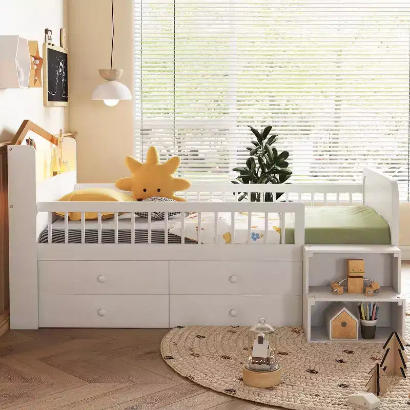 Twin Loft Bed with LED Lights, House Shape Headboard & Storage Drawers, Solid Construction