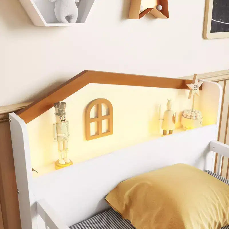Twin Loft Bed with LED Lights, House Shape Headboard & Storage Drawers, Solid Construction