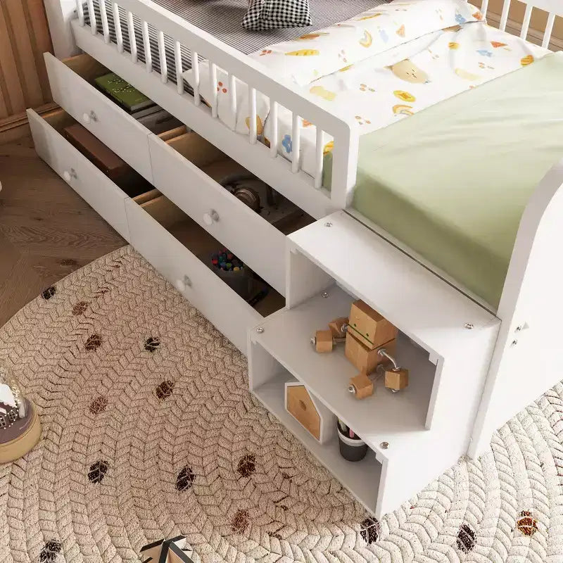 Twin Loft Bed with LED Lights, House Shape Headboard & Storage Drawers, Solid Construction