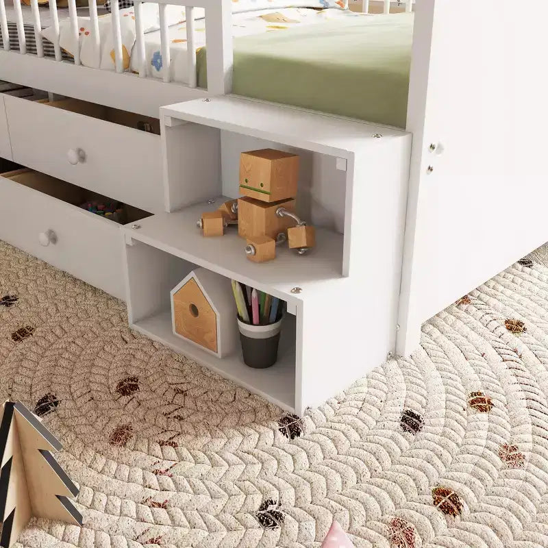 Twin Loft Bed with LED Lights, House Shape Headboard & Storage Drawers, Solid Construction