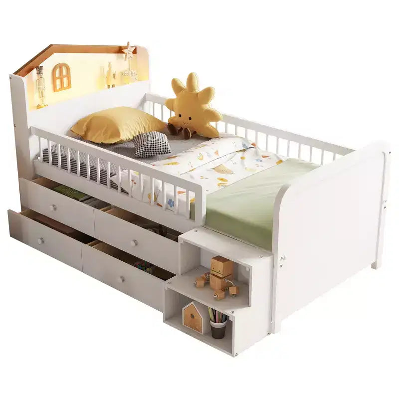 Twin Loft Bed with LED Lights, House Shape Headboard & Storage Drawers, Solid Construction