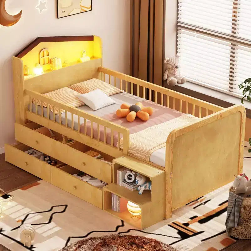 Cama alta individual con luces LED, cabecero con forma de casa y cajones de almacenamiento, estructura sólida