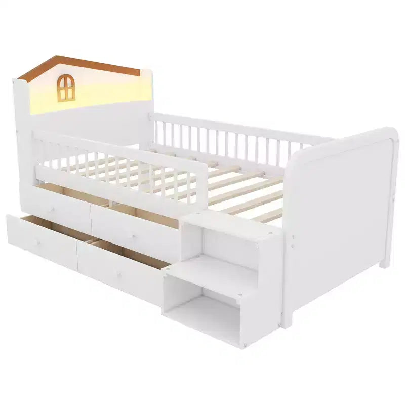 Twin Loft Bed with LED Lights, House Shape Headboard & Storage Drawers, Solid Construction