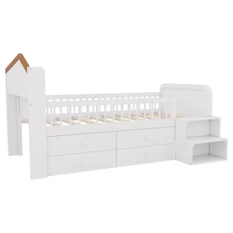 Twin Loft Bed with LED Lights, House Shape Headboard & Storage Drawers, Solid Construction