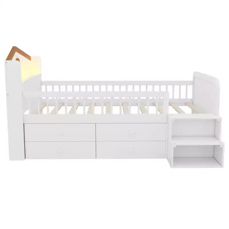 Twin Loft Bed with LED Lights, House Shape Headboard & Storage Drawers, Solid Construction