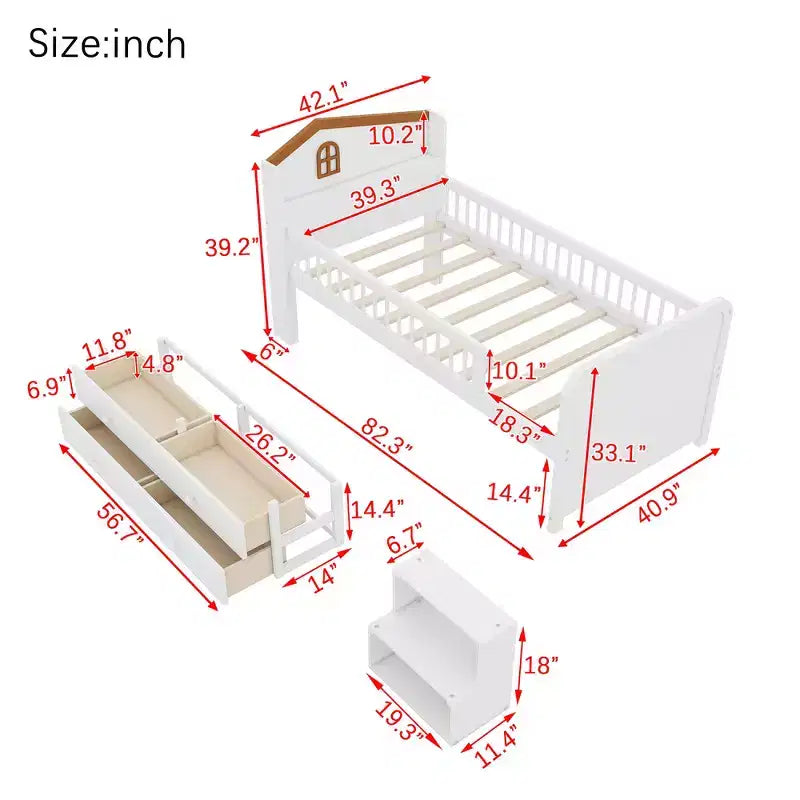 Twin Loft Bed with LED Lights, House Shape Headboard & Storage Drawers, Solid Construction