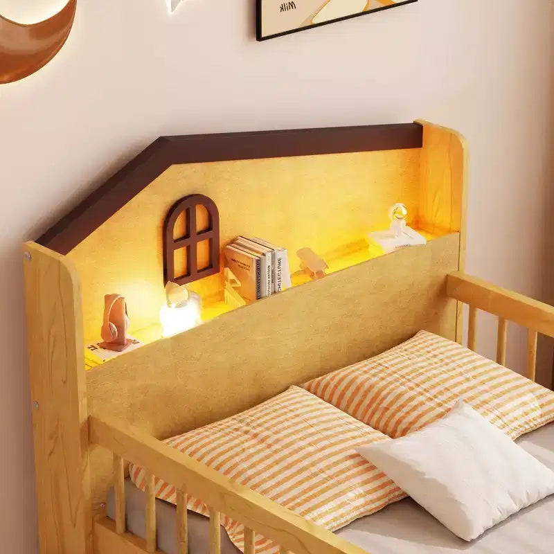 Cama alta individual con luces LED, cabecero con forma de casa y cajones de almacenamiento, estructura sólida