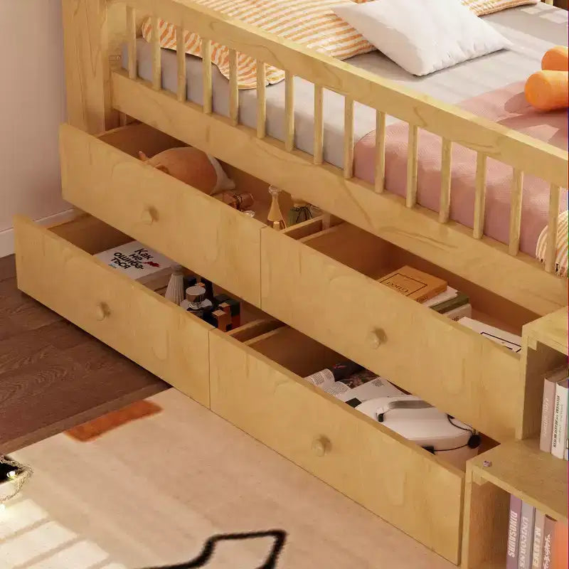 Twin Loft Bed with LED Lights, House Shape Headboard & Storage Drawers, Solid Construction