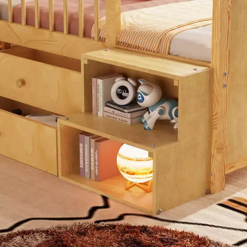 Twin Loft Bed with LED Lights, House Shape Headboard & Storage Drawers, Solid Construction
