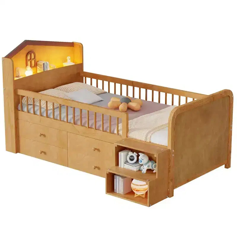 Twin Loft Bed with LED Lights, House Shape Headboard & Storage Drawers, Solid Construction
