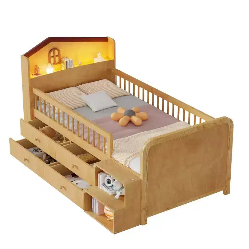 Twin Loft Bed with LED Lights, House Shape Headboard & Storage Drawers, Solid Construction