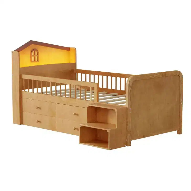 Twin Loft Bed with LED Lights, House Shape Headboard & Storage Drawers, Solid Construction