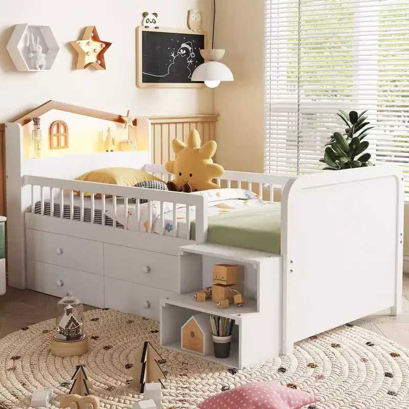 Cama alta individual con luces LED, cabecero con forma de casa y cajones de almacenamiento, estructura sólida