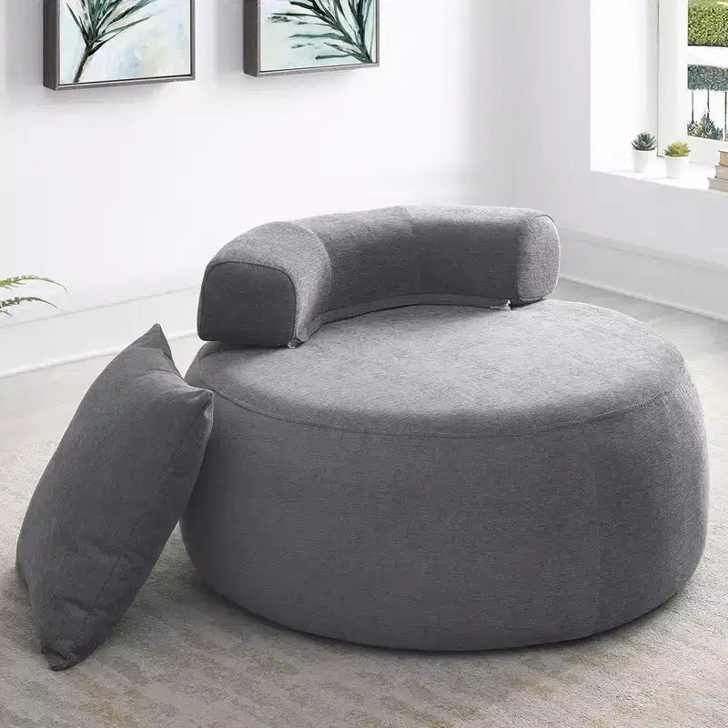 Chaise ronde moderne 32, chaise longue une place convertible en canapé-lit, fauteuil poire en chenille avec coussins pour salon, chambre, appartement ou lecture