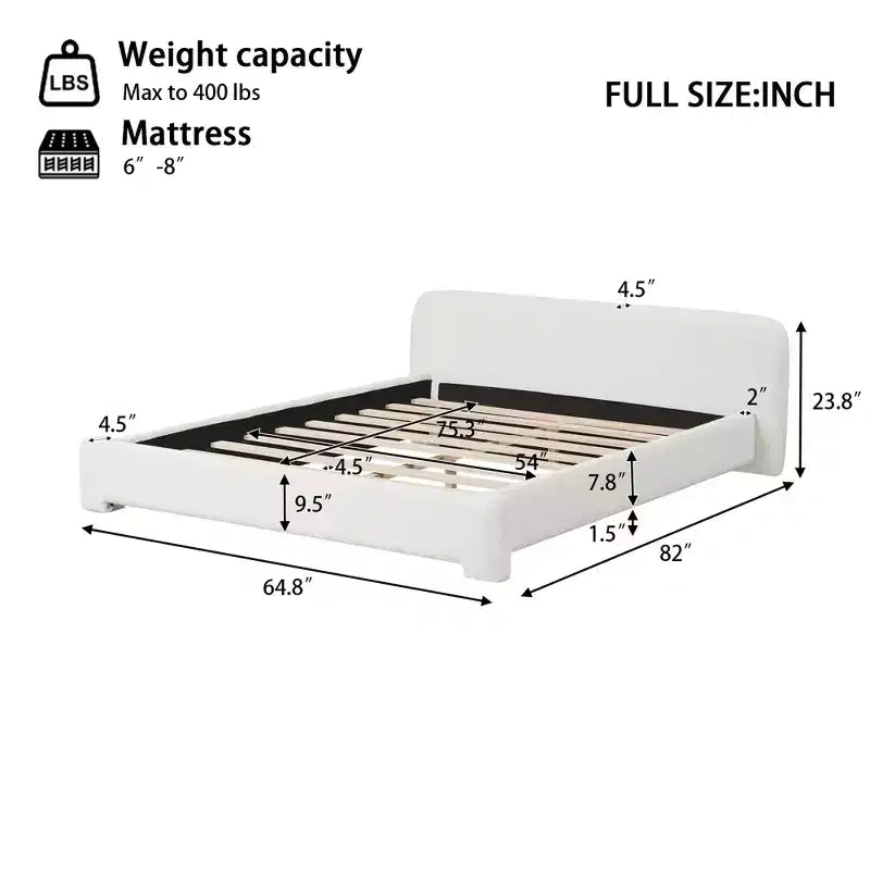 Elegante cama con plataforma y estructura tapizada en tejido bouclé, cabecero mullido, tamaño matrimonial, queen o king, blanca