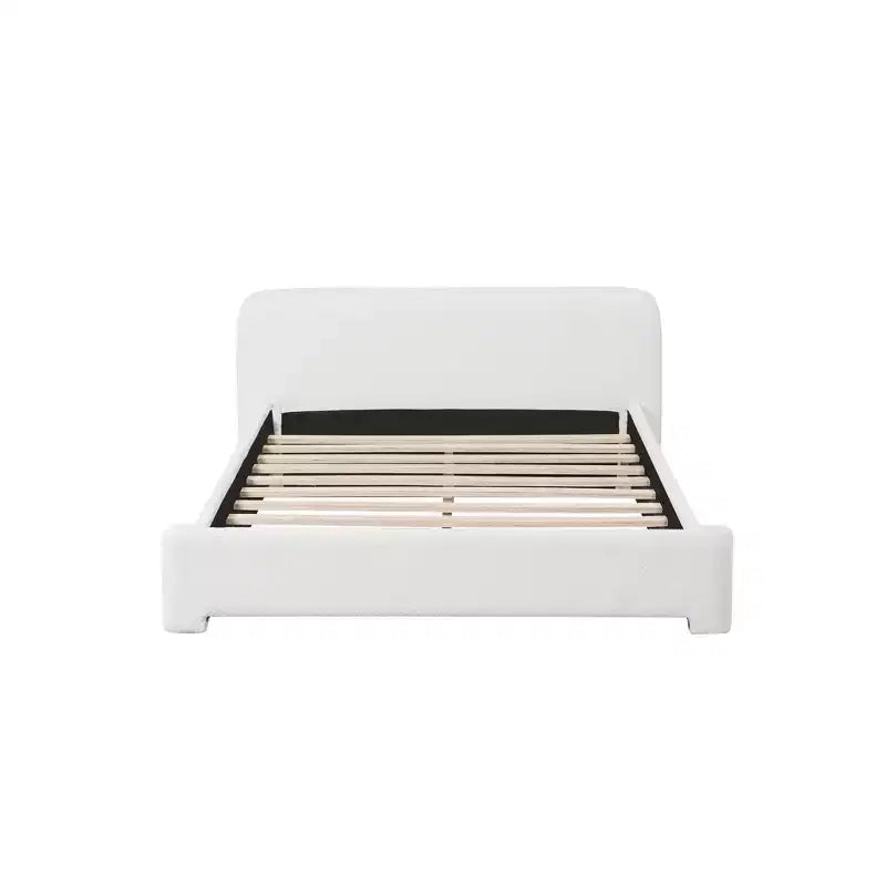 Elegante cama con plataforma y estructura tapizada en tejido bouclé, cabecero mullido, tamaño matrimonial, queen o king, blanca