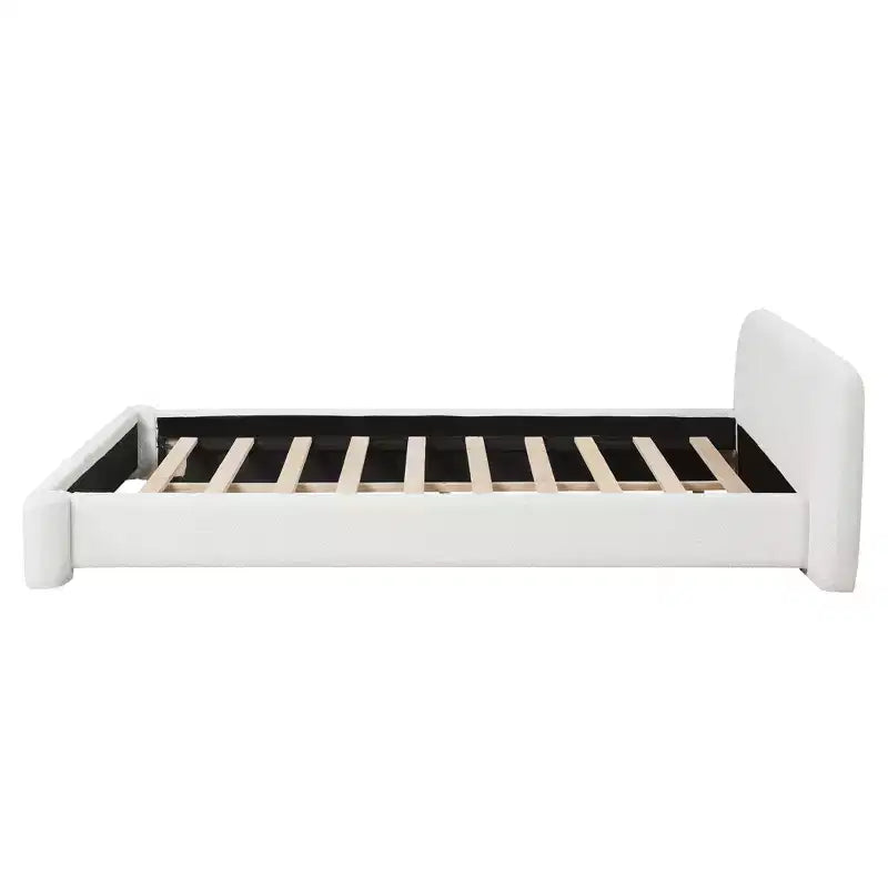 Elegante cama con plataforma y estructura tapizada en tejido bouclé, cabecero mullido, tamaño matrimonial, queen o king, blanca
