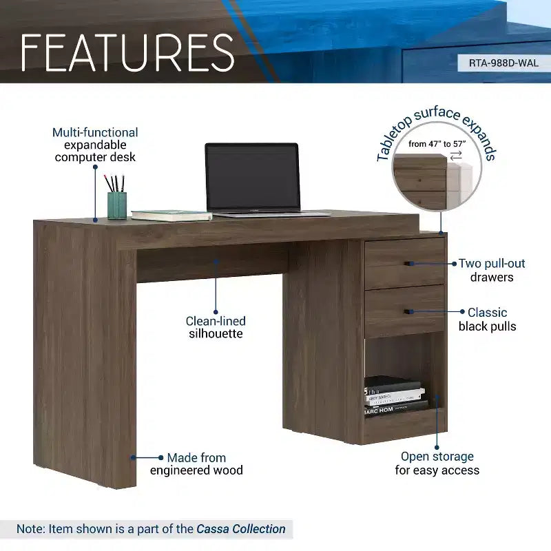 Bureau extensible moderne pour la maison de 47.5IN, bureau d’ordinateur avec 2 tiroirs et 1 étagère, bureau d’écriture pour salle de lecture ou d’étude