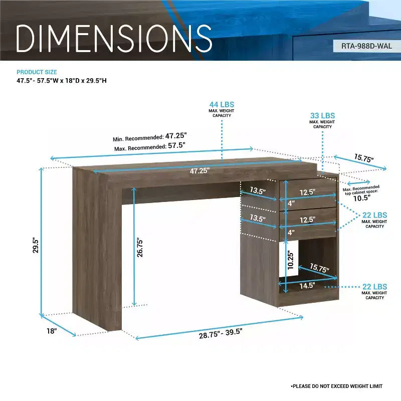 Bureau extensible moderne pour la maison de 47.5IN, bureau d’ordinateur avec 2 tiroirs et 1 étagère, bureau d’écriture pour salle de lecture ou d’étude