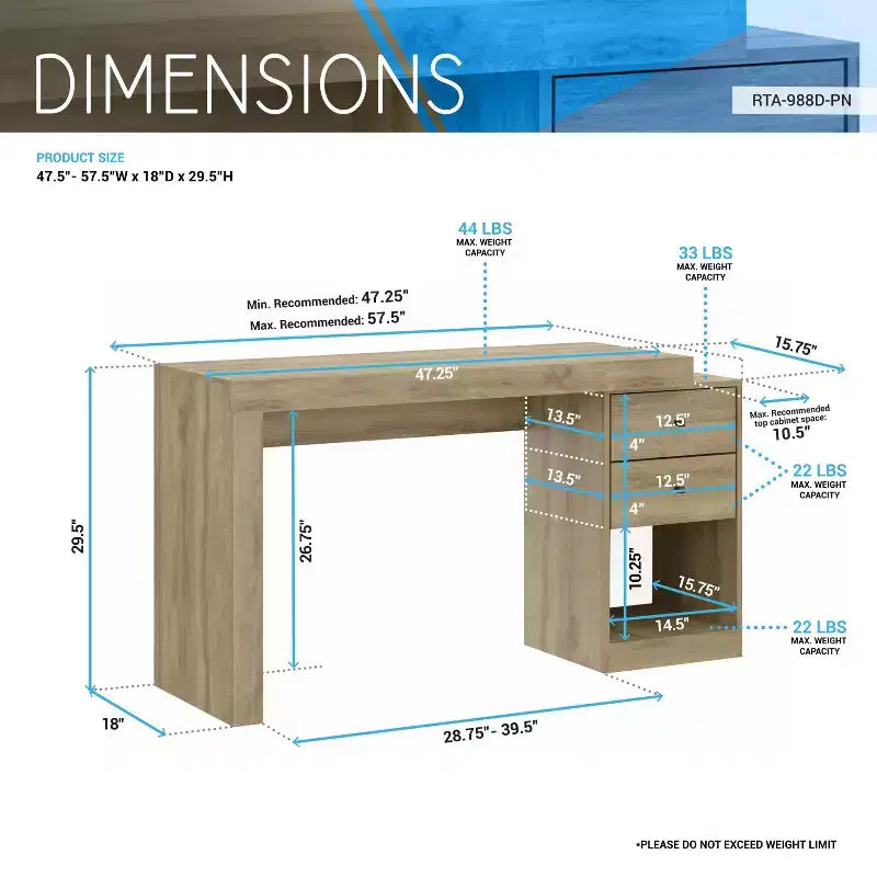Bureau extensible moderne pour la maison de 47.5IN, bureau d’ordinateur avec 2 tiroirs et 1 étagère, bureau d’écriture pour salle de lecture ou d’étude