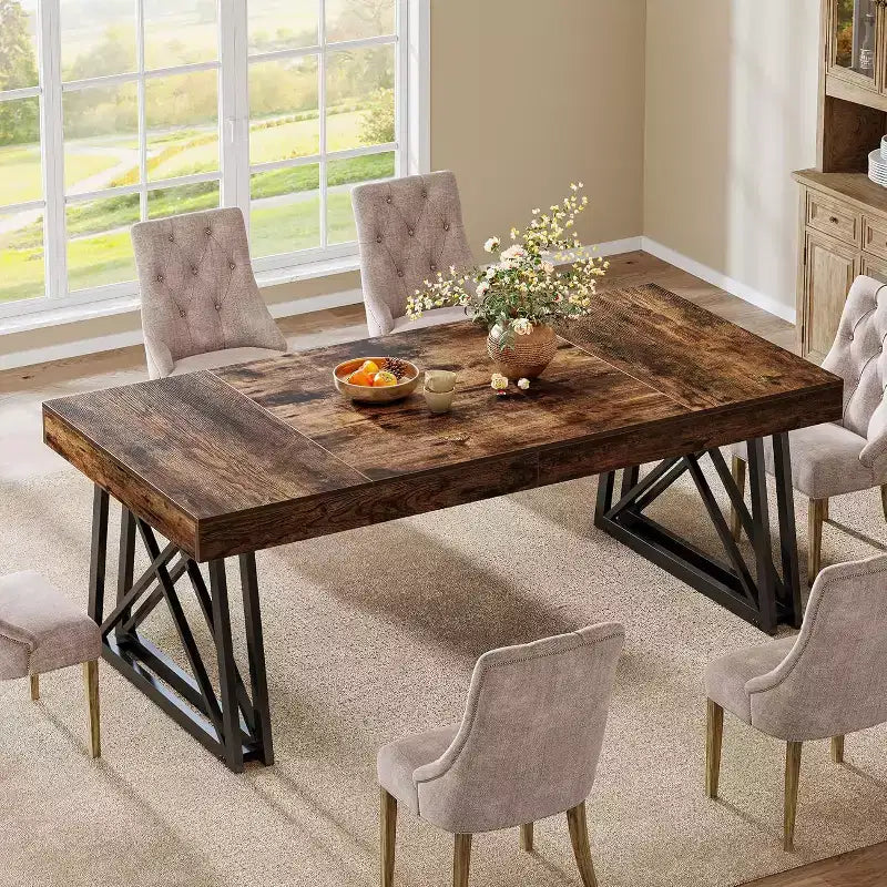 63'' dining Table for 4-6, Kitchen Table with Sturdy Metal Legs, Rectangular Dinner Furniture for Living Room, Rustic Brown & Black