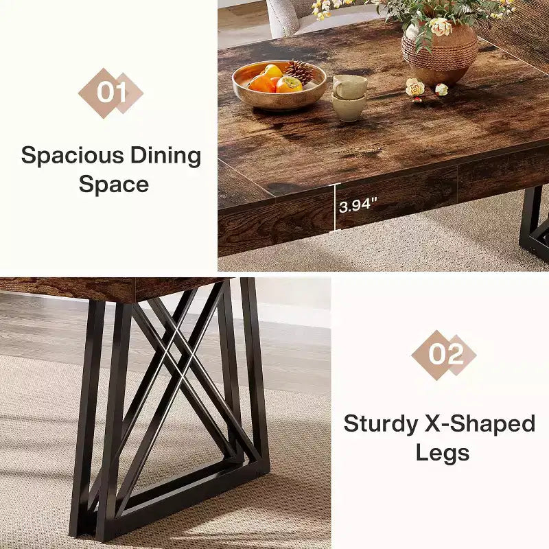 63'' dining Table for 4-6, Kitchen Table with Sturdy Metal Legs, Rectangular Dinner Furniture for Living Room, Rustic Brown & Black