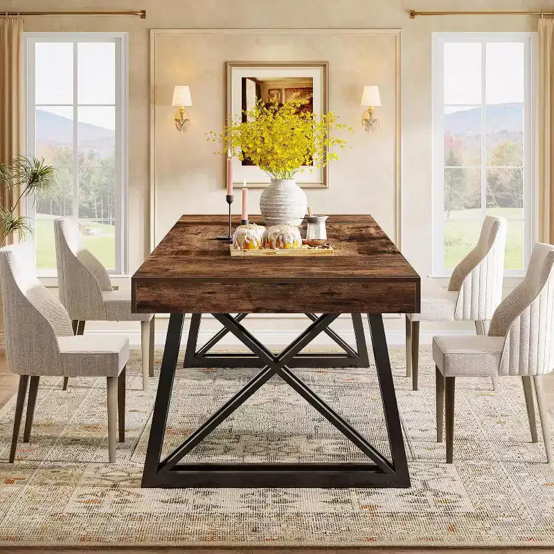 63'' dining Table for 4-6, Kitchen Table with Sturdy Metal Legs, Rectangular Dinner Furniture for Living Room, Rustic Brown & Black