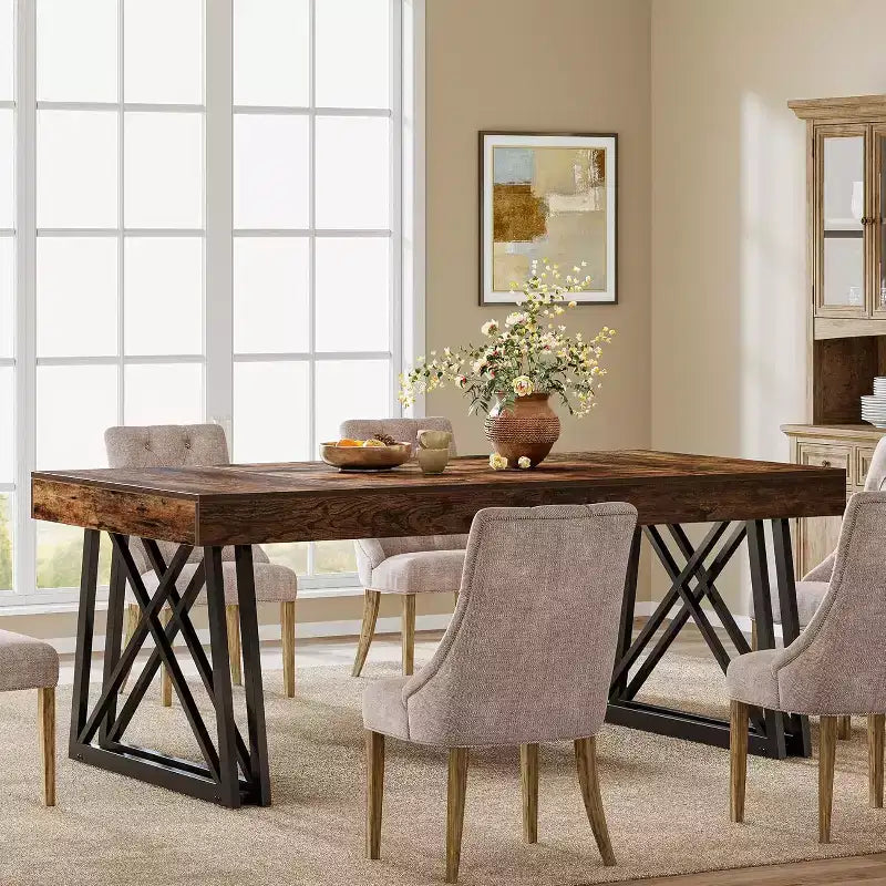 63'' dining Table for 4-6, Kitchen Table with Sturdy Metal Legs, Rectangular Dinner Furniture for Living Room, Rustic Brown & Black