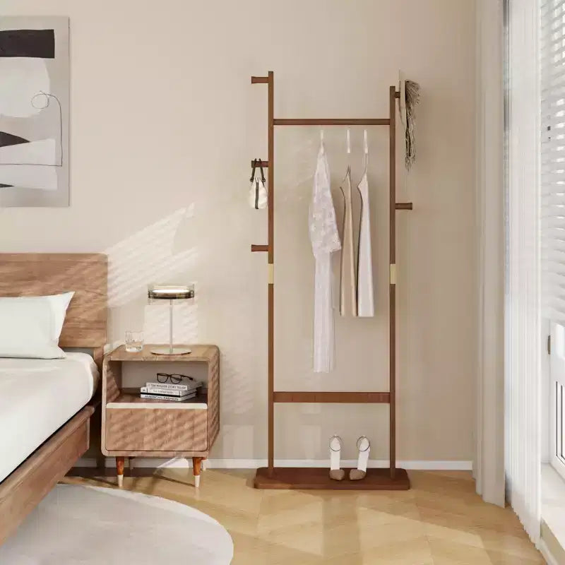 Galán de noche de madera para hombre y mujer, perchero con cajón, colgador de abrigos, bandeja organizadora, barra para corbatas, estante para zapatos, galán de noche para dormitorio, oficina o entrada