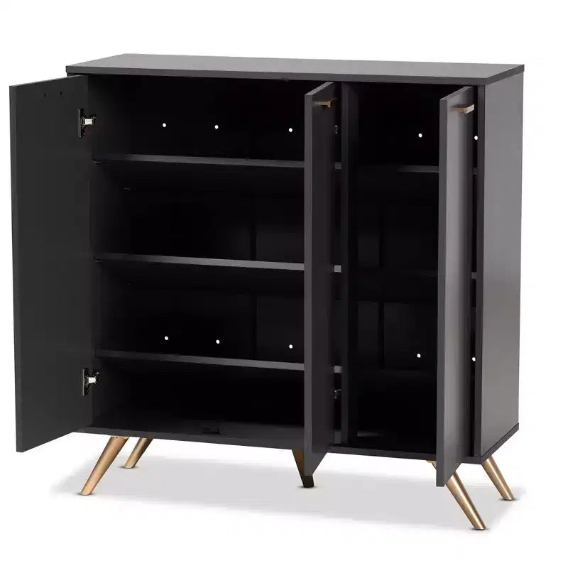3 Door Cabinet Dark Gray/Gold  : Entryway Organizer with 4 Shelves