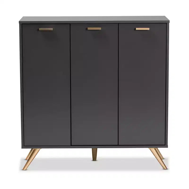 3 Door Cabinet Dark Gray/Gold  : Entryway Organizer with 4 Shelves
