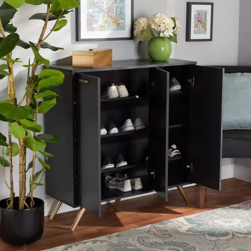 3 Door Cabinet Dark Gray/Gold  : Entryway Organizer with 4 Shelves