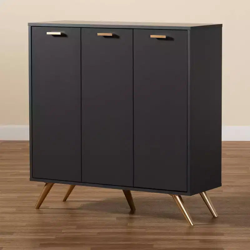3 Door Cabinet Dark Gray/Gold  : Entryway Organizer with 4 Shelves